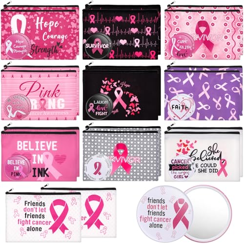Amylove 40 Pcs Breast Cancer Gifts for Woman, 20 Breast Cancer Awareness Makeup Bags and 20 Pink Ribbon Compact Mirrors Care Gifts for Survivors Patients