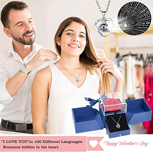Image of HASTHIP Valentine Gift for Girlfriend, Wife, Women Artificial Preserved Rose with Heart Necklace with I Love You In 100 Languages Anniversary Birthday Gifts for Woman, Rakhi Gifts for Sister