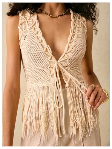 MakeMeChic Women's Crochet V Neck Tie Front Sweater Vest Fringe Sleeveless Sweaters4
