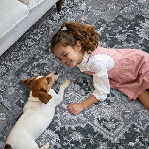 GENIMO 2'6''x12 Runner Rugs for Hallway, Machine Washable Non Slip Vintage Rugs, Low Pile Lightweight Soft Print Rug for enrtyway, Corridor, Home Office, Kitchen,Dark Gray