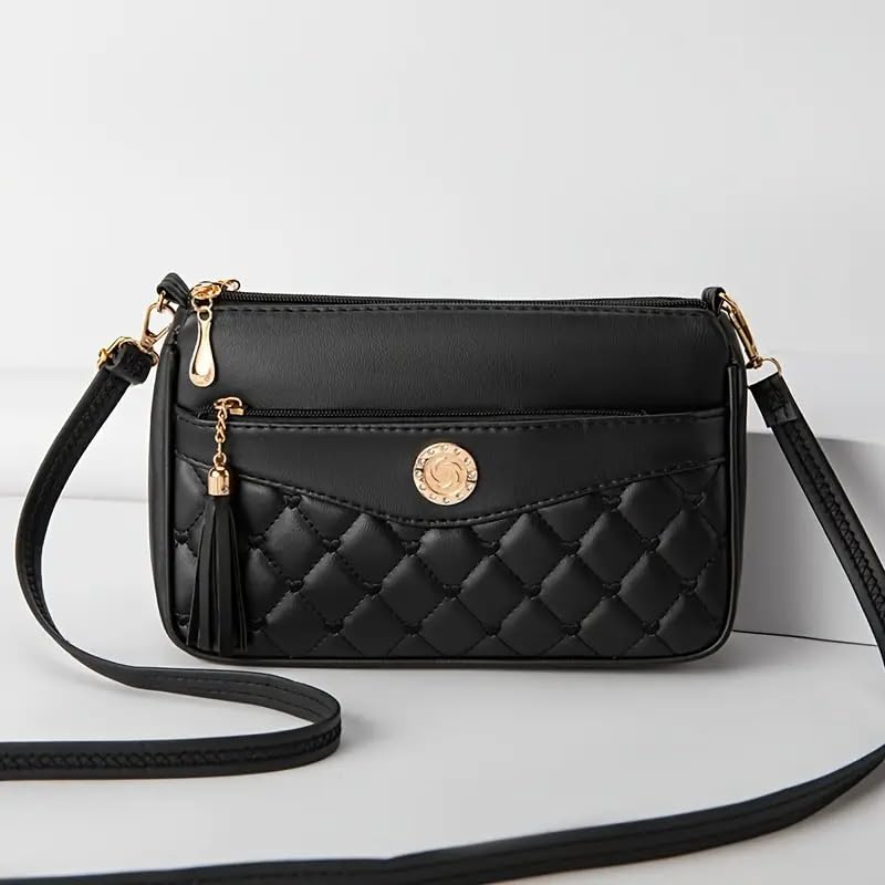 Image of SHAMRIZ Korean Style Quilted Sling Bag for Girls | Cute Heart Pattern Crossbody Purse with 3 Zipper Compartments | Fancy Tassel Side Bag for Party, Wedding & Gifts | Mini Slingbag /One Side Bag