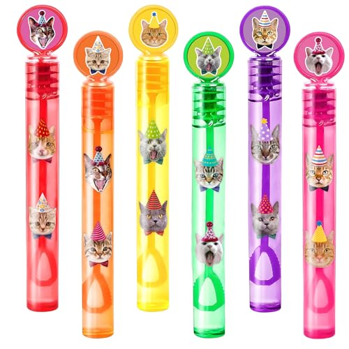 60PCS Cat Party Favors 12PCS DIY Bubble Wands 48PCS Stickers Goodie Bag Fillers Pinata Stuffers, Mini Bubble Bulk Birthday Party Supplies Gifts Class Prizes for Toddlers Boys Girls