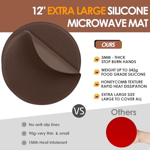Image of Brown Silicone Microwave Mat 12 inch Extra Large Multi-Use Microwave Mat Heat Resistant Silicone Trivet Mat Pot Holders Hot Pads for Kitchen, Silicone Cover Pad for Microwave Oven Hot Pot Pans, 2Pack