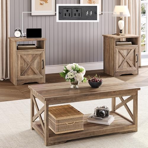 LUXOAK 3-Piece Farmhouse Living Room Table Sets, Includes 1 x Coffee Table, 2 x End Tables with Charging Station & USB Ports, Rustic Coffee Table Set of 3, Barnwood