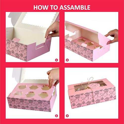 Image of mudrit Cupcake Boxes with Insert Trays (Pack of 10), Cupcake Carrier, Food Grade Bakery Boxes with Windows to fit 6 Cupcakes, Muffins or Pastries (Pink)