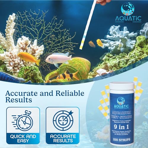 Image of 9-in-1 Aquarium Water Test Kit - 100 Freshwater & Saltwater Test Strips | Fish Tank Kit for pH, Nitrate, Nitrite, Hardness, Chlorine, Iron, Copper, Alkalinity, Carbonate | Quick & Reliable Results