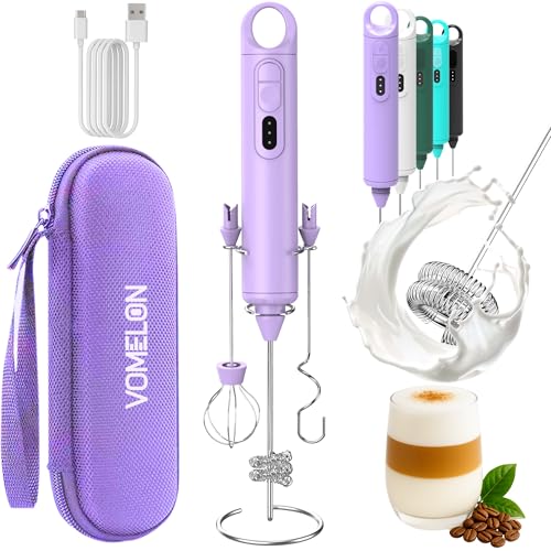 Rechargeable Milk Frother Handheld 3 Speed Coffee Foamer [3 Whisk] Electric Drink Mixer for Latte, Cappuccino, Coffee, Eggs, Hot Chocolate, Purple