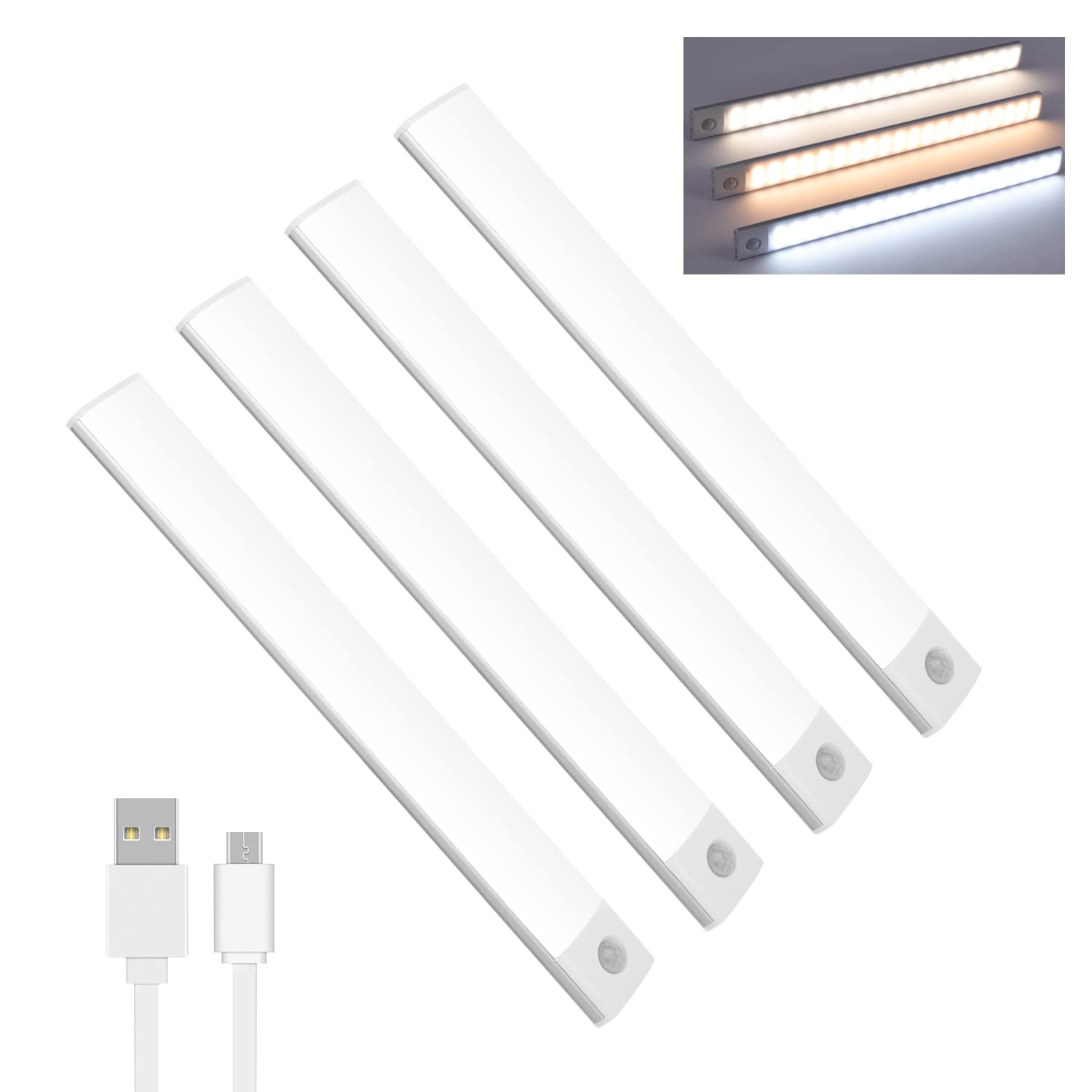 Lychico Motion Sensor Lights Indoor (20cm), 40 LED Under Cabinet Lights 6000K, USB Rechargeable Battery Powered Night Lights with Magnetic Strip, Pack of 4 led, White