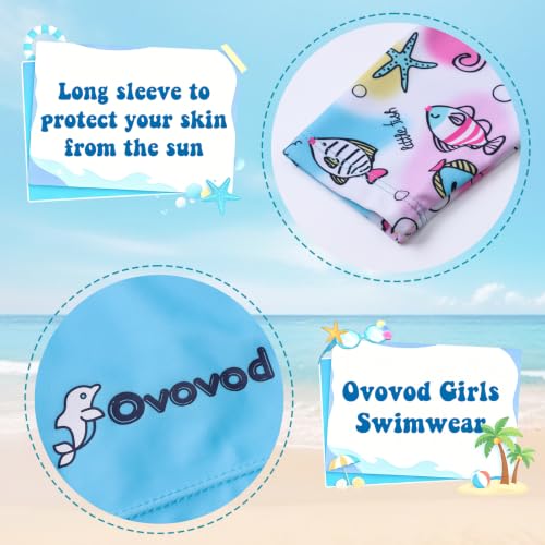 Image of Girls Swimsuit Two Piece Rash Guard Set for 4-14 Years UPF 50+ UV Protective Long Sleeve Swimwear