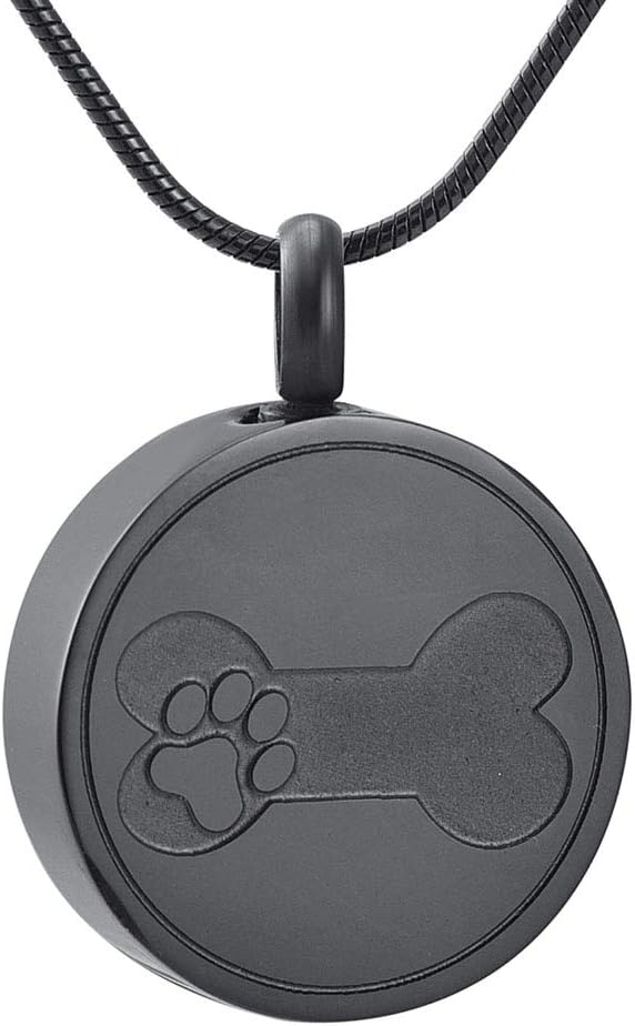 Print Animal Paw Print Dog Bone Memorial Urn Pendant 20mm Round Shape Stainless Steel Pet Cremation Pendant Necklace Black