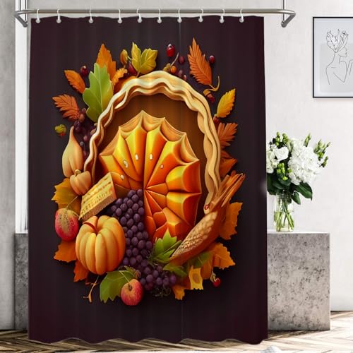 Shrahala Happy Thanksgiving Day Polyester Shower Curtain, Basket with Fruits Vegetables Bath Curtain Waterproof with Plastic Rings for Shower Stall Bathtubs 72 X 60 in