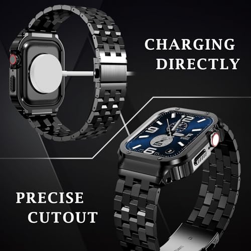 Image of SUPLINK Stainless Steel Case Bands Compatible with Apple Watch Series 11 Band /Apple Watch Series 10 Band 46mm, Metal Rugged Protective Bumper Case for iWatch Bands Men, Black