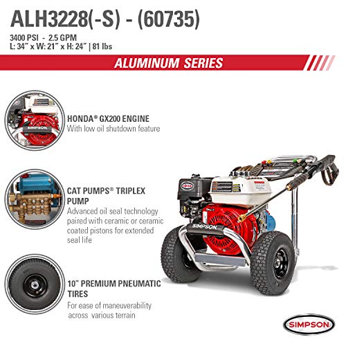 SIMPSON Cleaning ALH3228-S Aluminum Gas Pressure Washer Powered by HONDA GX200 3400 PSI at 2.5 GPM