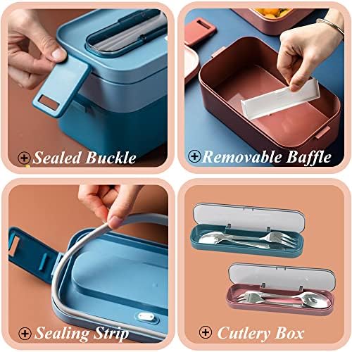 Resszo Bento Lunch Box for Adults & Kids,1600ml Stackable Lunch Box with 2 Compartments and Cutlery Set,BPA-Free Plastic Compartment Lunch Box,Safe Leakproof Bento Box for Men Women