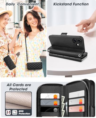 OCASE for iPhone 17 Crossbody Wallet Case - Stylish PU Leather Handbag Phone Purse with Zipper Closure, 10 Card Slots & RFID Blocking - Wrist Strap, Lanyard, Kickstand - Diamond Check Black