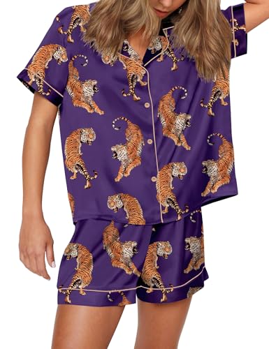Image of SHESHOW Satin Pajamas for Women Set Preppy Animals Pjs Short Sleeve Shorts 2 Piece Loungewear Sets XS-XXL