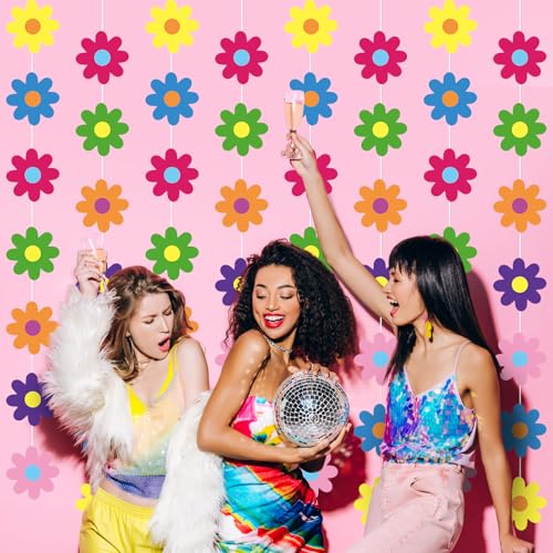 Image of Pasimy 8 Pcs Daisy Boho Party Decorations Groovy Daisy Paper Garlands White Flower Hanging Garland Banner Hippie Flower Cutouts for Birthday Shower Wedding Retro Party Favor (Hippie,Colorful)