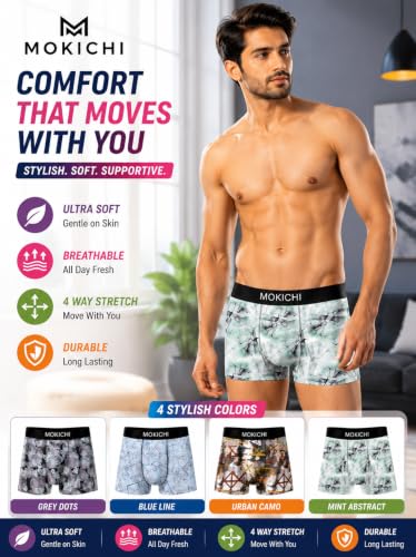 Image of Men's Printed Trunks | Boxer Brief Underwear with Broad Elastic Waistband and Contoured Pouch | Multicolour, Pack of 4