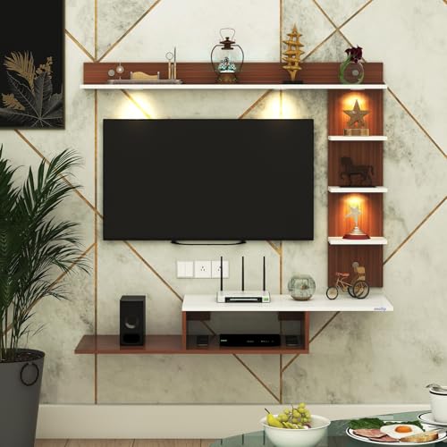 Image of Wintor Engineered Wood Wall Mounted TV Unit with 4 LED Lights, 3 Open Shelves, 1 Storage Box & Decorative Display Shelf for Living Room | Ideal for Upto 43 Inch TV- Walnut /White(DIY Assembly)