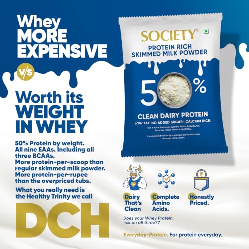 Image of Society Protein Rich Skimmed Milk Powder, 50% Protein - 10g Protein per Serving | Clean Dairy Protein with All 9 EAAs & including all 3 BCAAs | No Added Sugar, Low Fat | Whey Alternative | Veg | 250g