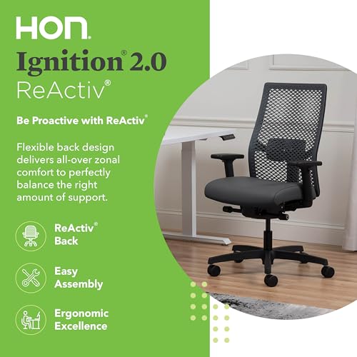 Image of HON Ignition 2.0 ReActiv Ergonomic Office Chair, Mesh Desk Chair with Lumbar Support, Advanced Synchro‑Tilt, Height and Width Adjustable Arms, Swivel Wheels, Black Frame, Graphite