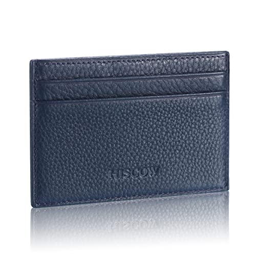 Image of HISCOW Slim Full Grain Leather Card Holder with ID Window, Pebbled Blue | Men's minimalist EDC wallet, front pocket carry, 2 credit card slots & center pocket, fits folded bills, premium gift box