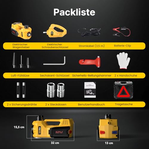 Taskstar Wagenheber Elektrisch 5T 3T 2T, 12V Elektrischer Wagenheber Hydraulischer 155-450 mm mit elektrischem Schlagschrauber und Reifenfüllpumpe, 3 in 1 Tragbarer für SUV MPV Limousine (Gelb)