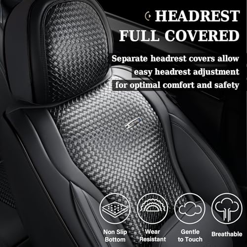 Image of Coverado Seat Covers, Car Seat Covers Front Seats, Waterproof Nappa Leather Auto Seat Cover with Lumbar Head Pillow, Black Seat Covers Carseat Cover Universal Fit for Most Cars