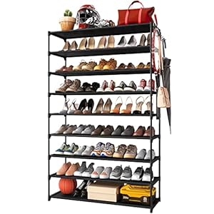Kitsure 9-Tier Tall Shoe Rack for Closet – Shoe Organizer with Hook Rack, Large-Capacity of 36-45 Pairs, Metal Space-Saving Shoe Shelf for Entryway, Closet, Garage, Bedroom, Cloakroom