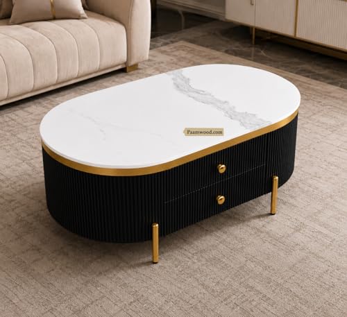 Image of Tesla Centre Table, 42x24x18 Inch, Nano Composite White Marble Top, Gold Accents, 2-Drawer Storage, Oval Design, Waterproof Plywood, PVD Legs, Modern Coffee Table for Living /Entryway