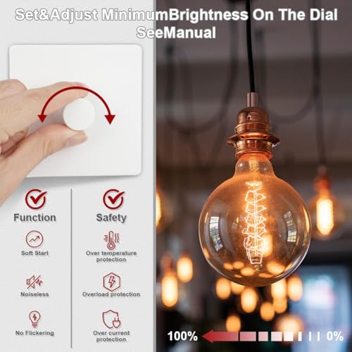 AXFEE LED Dimmer Switch, 1 Gang 220V Trailing Edge Inline Dimmer Light Switches Rotary ON/OFF, Suitable for Home 5-200W Dimmable LED, Halogen Bulbs, Ceiling, Incandescent Lights(White) - Image 6