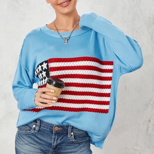 Image of Women American Flag Sweater Loose Vintage USA Sweatshirt Long Sleeve Crewneck Hollow Out 4th of July Jumper