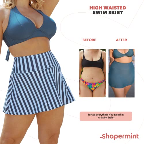 Shapermint High Waisted Full Coverage Swim Skirt Bottoms - Smoothing Bathing Suit For Women With Attached Bikini Bottom - Upf 50 Fabric - From Small To Plus Size, Large, Blue & White Stripes #TOP3