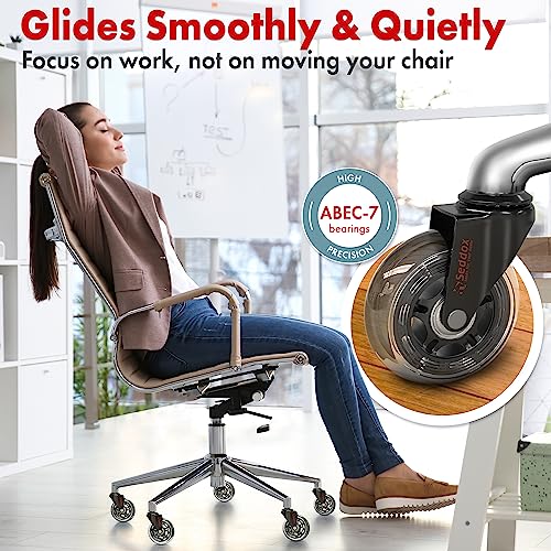 Office Chair Wheels Replacement Set - 3 Inch Desk Chair Casters For Wood Hardwood Floors & Carpet - Heavy Duty & Safe For All Floors Without Chair Mats - Fits 98% Computer Gaming & Office Chairs #TOP1