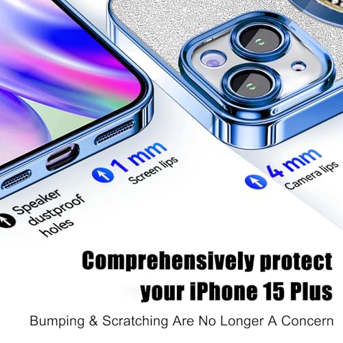 Image of Misscase for iPhone 15 Plus Magnetic Case Compatible with MagSafe,Full Protection Slim Shockproof Anti-Scratch Glitter Case with Camera Lens Protector Logo View Dust-Proof Net for Women Blue