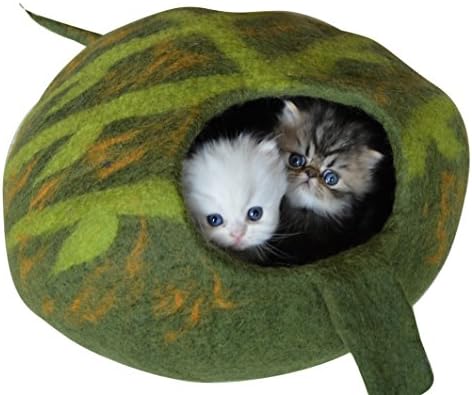 Cat Cave Bed - Unique Green Handmade Felted Merino Wool, Large Covered and Cozy Pod, Also Perfect for Kittens, Includes Bonus Catnip, Earthtone Solutions, (Green)