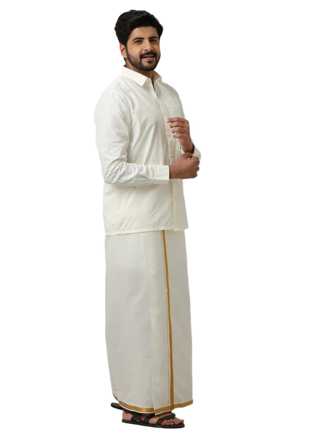 Men Cotton Cream Shirt & Single Layer Dhoti Combo with 1/2-Inch Gold Jari Border-F38-image-47