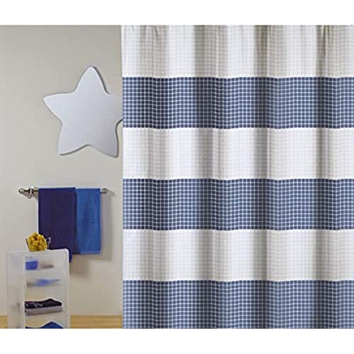 MSV Cotexsa by Premium Anti-Schimmel Textil Duschvorhang - Anti-Bakteriell, waschbar, 100prozent wasserdicht, mit 12 Duschvorhangringen - Polyester, „Quadro“ Weiß Blau 180x200cm – Made in Spain