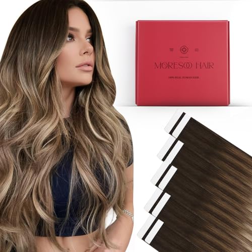 Image of Moresoo Tape Extensions Real Hair Golden Brown Balayage 14in 10Pcs 25g | Tape in hair extensions real human hair, partial add-on set, flat tabs, golden ribbons for face-framing and daily wear