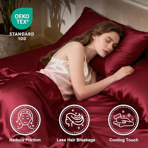 Image of Love's cabin Twin Satin Sheets Sets - 3 Piece Burgundy Silky Bed Sheets with Deep Pockets, Luxury Silk Feel Satin Twin Size Sheet Set Bedding Set (1 Flat Sheet,1 Fitted Sheet,1 Pillow case)
