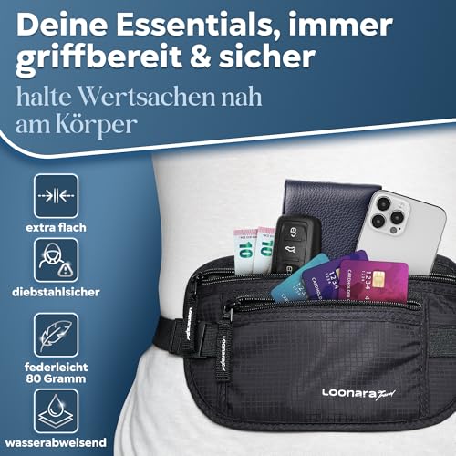 Flache Bauchtasche mit RFID Schutz (wasserdicht) - Geldgürtel für mehr Sicherheit beim Reisen durch RFID Protection - Damen Tasche oder Bauchtasche Herren zum Sport, Joggen und Reisen (schwarz)