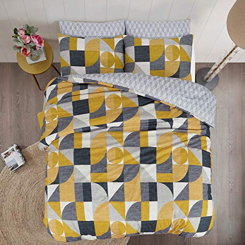 Linen Zone - Juego de funda de edredón 100% algodón, reversible, tamaño King - Mostaza gris geométrica Cover
