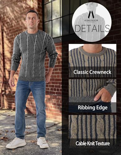 Image of Askdeer Men's Pullover Sweater Cable Knit Casual Crewneck Sweaters Classic Soft Knitted Pullover Tops with Ribbing Edge