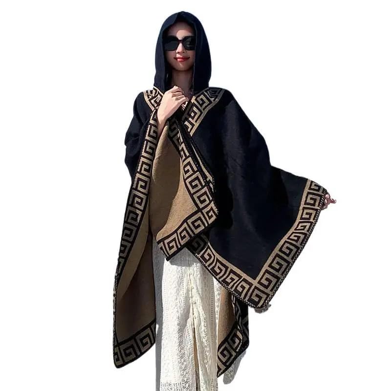 Womens Hooded Cloak shawl Printed Tassel Open front Fleece Poncho Cape Cardigan Wrap Shawl Sweater Winter Cloak with