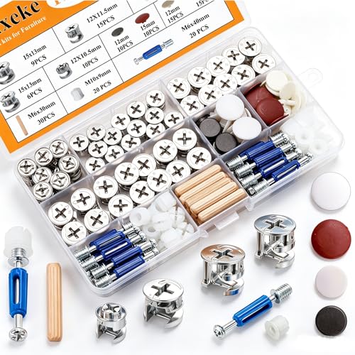 Sunxeke 170PCS Cam Locks for Furniture 3-in-1 Eccentric Hardware Wheels Furniture Fasteners & Connectors with Multi-Size Nuts Bolts and Wood Dowel Pins-Assortment Kit for Furniture Assembly/Repair