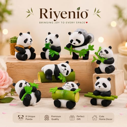 Image of Cute Panda Miniature Figurines Set of 8 for Home Decor | Kawaii Pandas Showpieces with Bamboo | Animal Statues for Desk, Car Dashboard, Shelf Decoration for Girlfriend,Kids (8 Cute Panda)