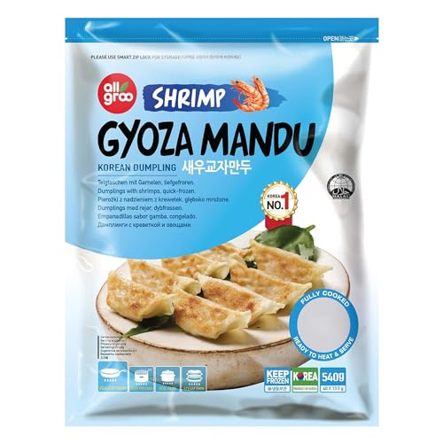 All groo Ready Meals Sides | Korean Dumpling for Stem | Fully Cooked Quick and Easy Meal Ideas | Authentic Korean Flavor Frozen Food | Halal Certified (Shrimp Dumpling Gyoza, 2 Pack)