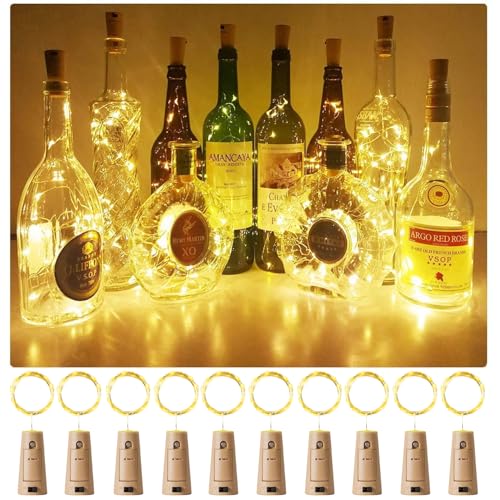 Aluan Wine Bottle Lights with Cork Christmas Lights 10 Pack 20 LED Mini Fairy String Light Waterproof Battery Operated Cork Lamp for Liquor Bottles Party Bar Wedding Table Decoration Warm White