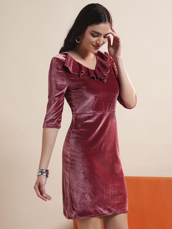 Image of Vaararo V-Neck Party Dress for Women Bodycon | Shiny Velvet Half Sleeves Above Knee Length Outfit