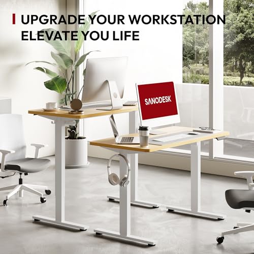 SANODESK Electric Standing Desk White Frame + Natural Tabletop 48 x 24 Inches Height Adjustable Ergonomic Desk for Home Office Comfort and Health White Frame Height Adjustable Desk 48x24 Inches
